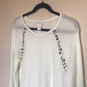 Chico’s Cream Sweater w/ Gemstones & Crochet Hem